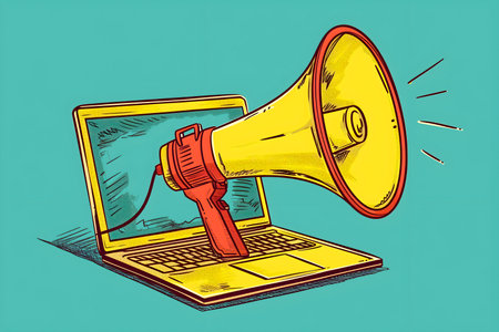 Laptop and megaphone on blue background. Vector illustration.の素材