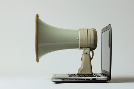 Laptop and megaphone on a white background, communication conceptの素材