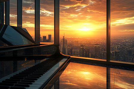 Piano and city skyline at sunset, 3d render. Music conceptの素材