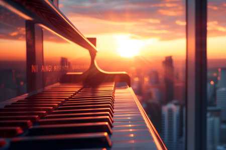 Piano keys and sunset sky. Music concept. 3D Renderingの素材