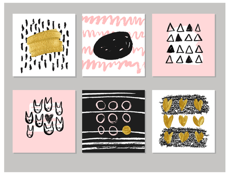 Set of abstract creative cards with hand drawn. Hipster textures made with Ink. Triangle square, circle, stroke. Retro patterns for postcards, posters,  designs. Gold elements, hearts.のイラスト素材