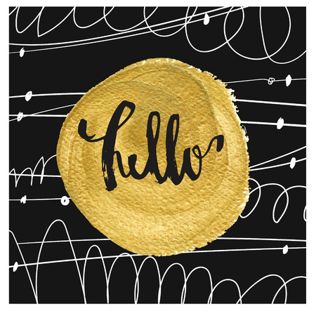 Cute and modern greeting card / poster template in black, white and gold glitter. Golden circle on a black background. White stripes. Modern design for a gift card.  ink lettering.のイラスト素材