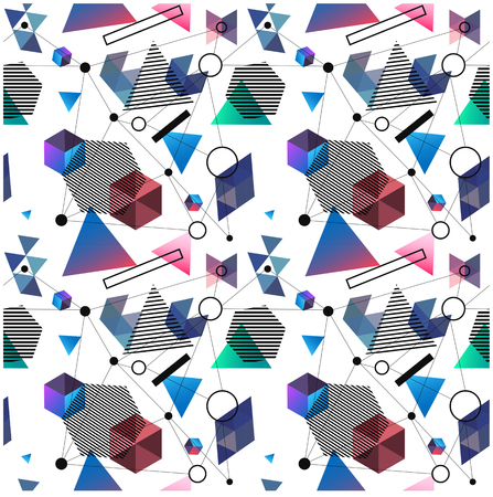 Seamless primitive geometric patterns of minimalism. The era 80's - 90's years design style. Randomly scattered geometric shapes. Rectaingel, circles, waves. 1980s 1990s style.のイラスト素材