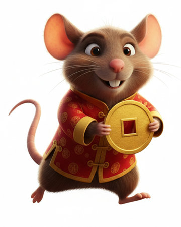 3D rendering of a cute cartoon mouse holding a gold coin in his handの素材