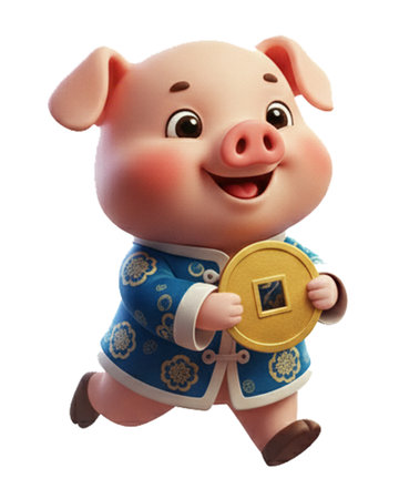 Cute pig with coin isolated on white background. 3d illustration.の素材