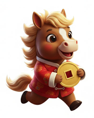 3d illustration of a cute cartoon horse holding a gold medal.の素材