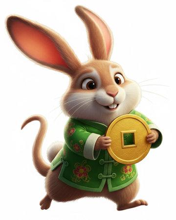 3D rendering of a cute cartoon Easter bunny holding a golden medalの素材
