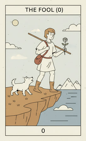 Tarot major arcanaRetro poster of a hiker with a dog. Vector illustrationの素材