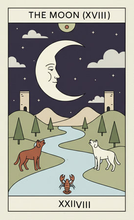 Tarot major arcanaNight landscape with a river, a cat and a wolf. Vector illustration.の素材