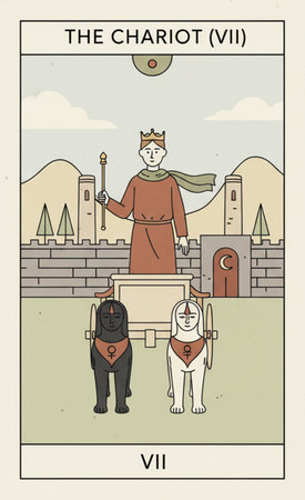 the chariot Tarot major arcana  Vintage card with the image of king and his dog. Vector illustration.の素材