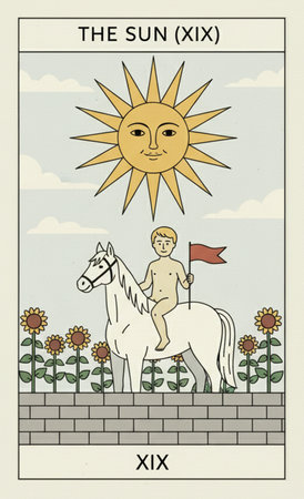 Tarot major arcanaHorse racing poster. Vector illustration in retro style with rider and sunの素材