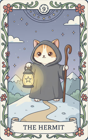 Tarot major arcanaIllustration of a Cute Cat in a Hooded Costume with a Lanternの素材