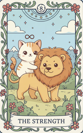 Tarot major arcanaCute card with a cute lion and cat. Vector illustration.の素材