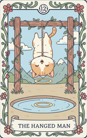 Tarot major arcana Vector illustration of a cute cat playing in the water in a parkの素材