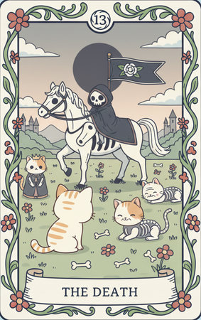 Tarot major arcana Cute cartoon illustration of a horseman riding a horse and catの素材