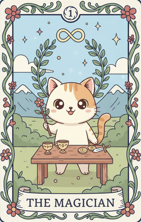 Tarot major arcanaCute cartoon cat sitting at the table with cup of tea in the forest.の素材