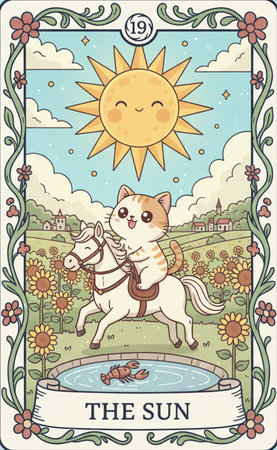 Tarot major arcana Vector illustration of a cute cat and a unicorn on the background of the sun and the skyの素材