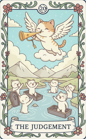 Tarot major arcana Vector illustration of cat playing the trumpet in the lake. Cute cat playing the trumpet.の素材