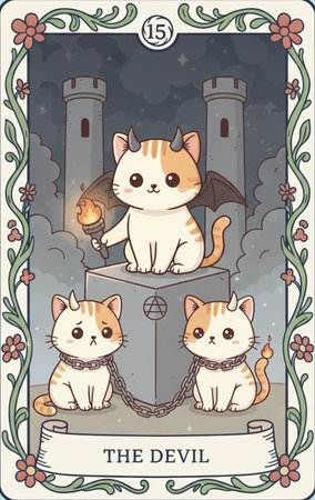 Tarot major arcanaVector illustration of two cute cats sitting on a box and holding a lantern in their hands.の素材