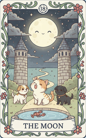 Tarot major arcana Vector illustration of a cute cat and dog on the background of the castle.の素材