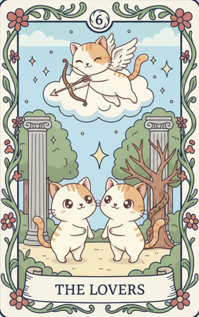 Tarot major arcanaVector illustration of two cats with wings and bow and arrow in the skyの素材