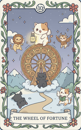 Tarot major arcanaCute cartoon animals on the wheel of life. Vector illustration.の素材
