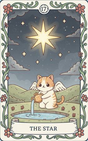 Tarot major arcanaIllustration of a Cute Cat Drinking From a Fountain at Nightの素材