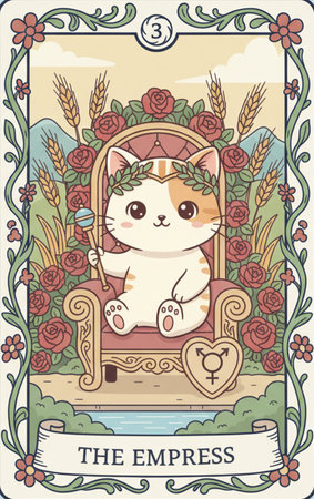 Tarot major arcana Vector card with cute cat sitting on the chair. Colorful vector illustrationの素材