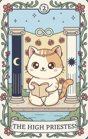 Tarot major arcana Cute cartoon cat reading a book in front of the ancient columnsの素材