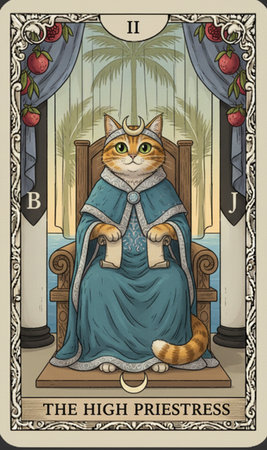 Tarot major arcana Greeting card with a picture of a cat sitting on a chair in the churchの素材