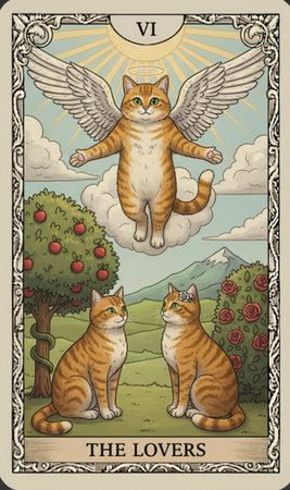Tarot major arcana Vintage card with two cats flying in the sky. Vector illustration.の素材