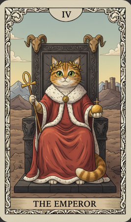 Tarot major arcana Vintage card with a picture of a cat in the throne. Vector illustration.の素材