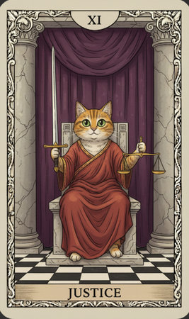 Tarot major arcana Fantasy illustration of a cat sitting on a chair in a royal room.の素材