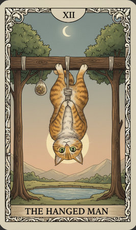Tarot major arcanaHalloween greeting card with the image of a cat hanging on a tree.の素材