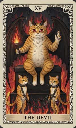 Tarot major arcana Halloween greeting card with a cat and a cat in the fireの素材