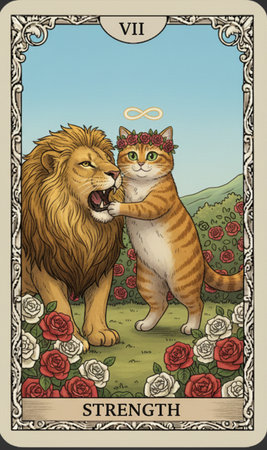 Tarot major arcana Lion and cat in love. Valentine's day card. Vector illustration.の素材