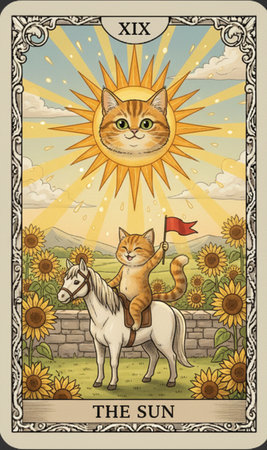 Tarot major arcanaHorse and cat with sun and sunflower. Vector illustration.の素材