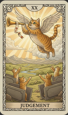 Tarot major arcana Graphic illustration of a cat with wings and a trumpet playing the trumpetの素材