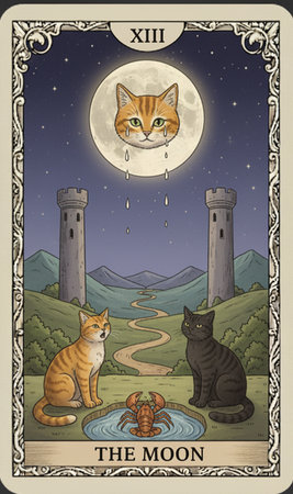 Tarot major arcanaHalloween card with cat, spider, castle and moon. Vector illustration.の素材