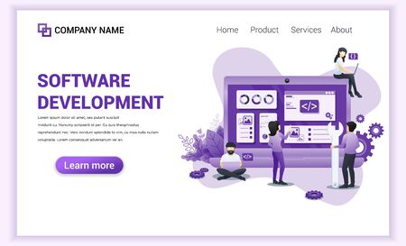 Modern Flat design concept of Software Development with characters on screen programming and coding. Can use for banner, business, mobil app, landing page, website template. Flat vector illustrationのイラスト素材