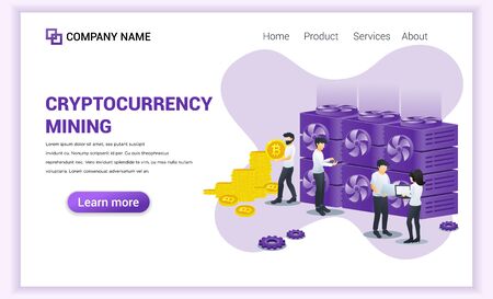 Cryptocurrency mining concept with people working mining bitcoins on laptop. Digital currency, investment, finance and trading. Can used for Web banner, landing page. Modern flat vector illustrationのイラスト素材