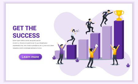 Get the success web banner concept. businessman run through column by column to win the trophy of their success. Achievement, Partnership, Leadership, Successful teamwork. Flat vector illustrationのイラスト素材