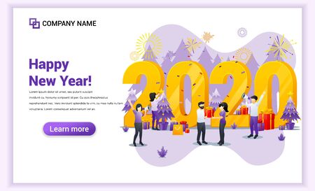 People celebrate the new year concept. People are celebrating the new year 2020 with gifts and fireworks. Can use for web banner, poster, landing page, web template. Vector illustrationのイラスト素材