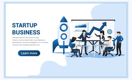 Business start up concept with people in meeting and working on the screen presentation. Can use for web banner, infographics, landing page, web template. Vector illustrationのイラスト素材