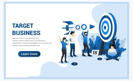 Reach the target concept. People holding a rocket aimed at the target board. Hit the target, Business goal achievement. Flat vector illustrationのイラスト素材