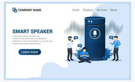 Smart speaker concept, voice assistant dialogue with people. Can use for web banner, landing page. Modern flat vector illustrationのイラスト素材