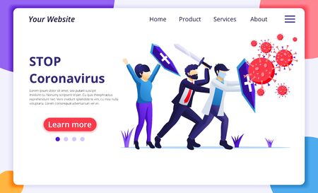People fight with virus, fight Covid-19, vaccine cure for Corona virus concept. Modern flat web page design for website and mobile website development. Vector illustrationのイラスト素材