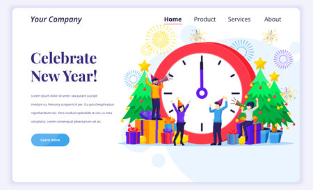 Landing page design concept of Celebrate the new year. People are celebrating the new year near a giant clock, Christmas tree, gift boxes, and fireworks. Flat vector illustrationのイラスト素材