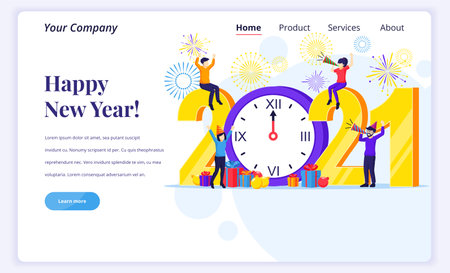 Landing page design concept of Happy new year 2021. People engaged in decorating on giant 2021 number celebrating new year's eve. Flat vector illustrationのイラスト素材