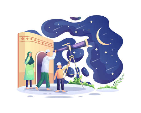 Praying Muslim couple at a mosque in Ramadan Kareem, happy eid Mubarak vector Illustrationのイラスト素材
